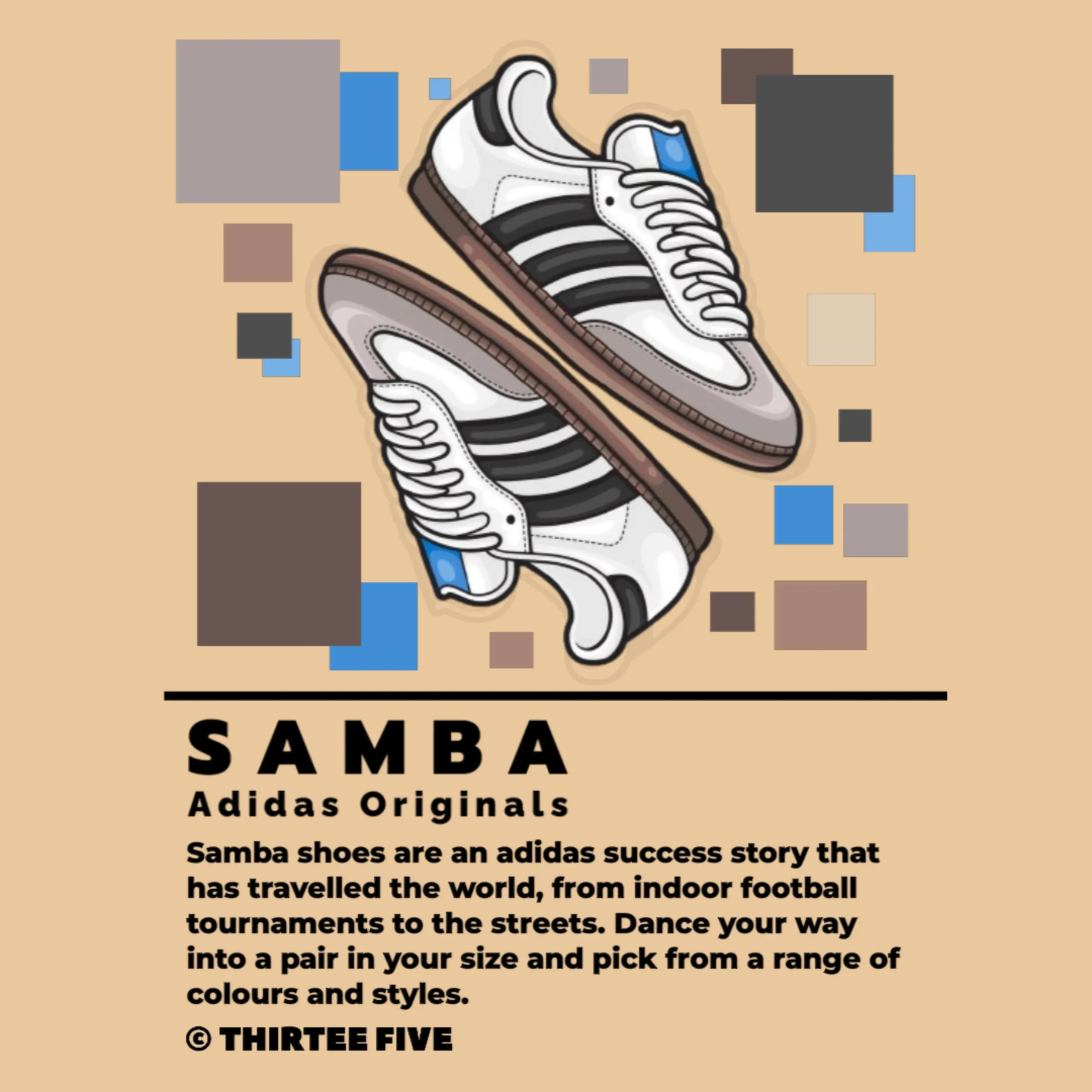 Graphic illustration of Adidas Samba shoes with geometric background elements